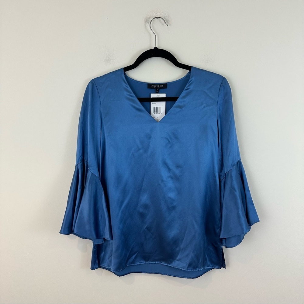 Lafayette 148 Blue Silk Bell Sleeve V-Neck Blouse Size P NWT